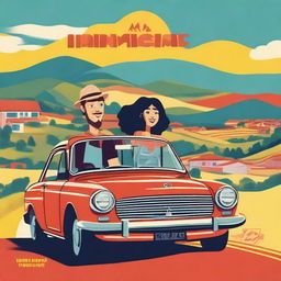 The poster features a vibrant background depicting a scenic Spanish countryside with rolling hills and colorful buildings