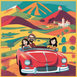 The poster features a vibrant background depicting a scenic Spanish countryside with rolling hills and colorful buildings