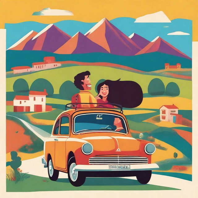 The poster features a vibrant background depicting a scenic Spanish countryside with rolling hills and colorful buildings