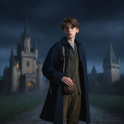 Disney-style illustration of a teenage boy dressed in a medieval long coat, a cloth shoulder bag, and a haunted castle in the background under a dark night sky.