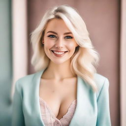 A cute blonde woman with a big cleavage, wearing a stylish outfit and smiling warmly