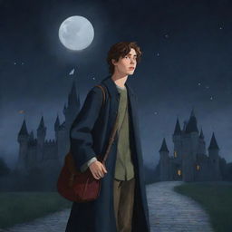 Disney-style illustration of a teenage boy dressed in a medieval long coat, a cloth shoulder bag, and a haunted castle in the background under a dark night sky.