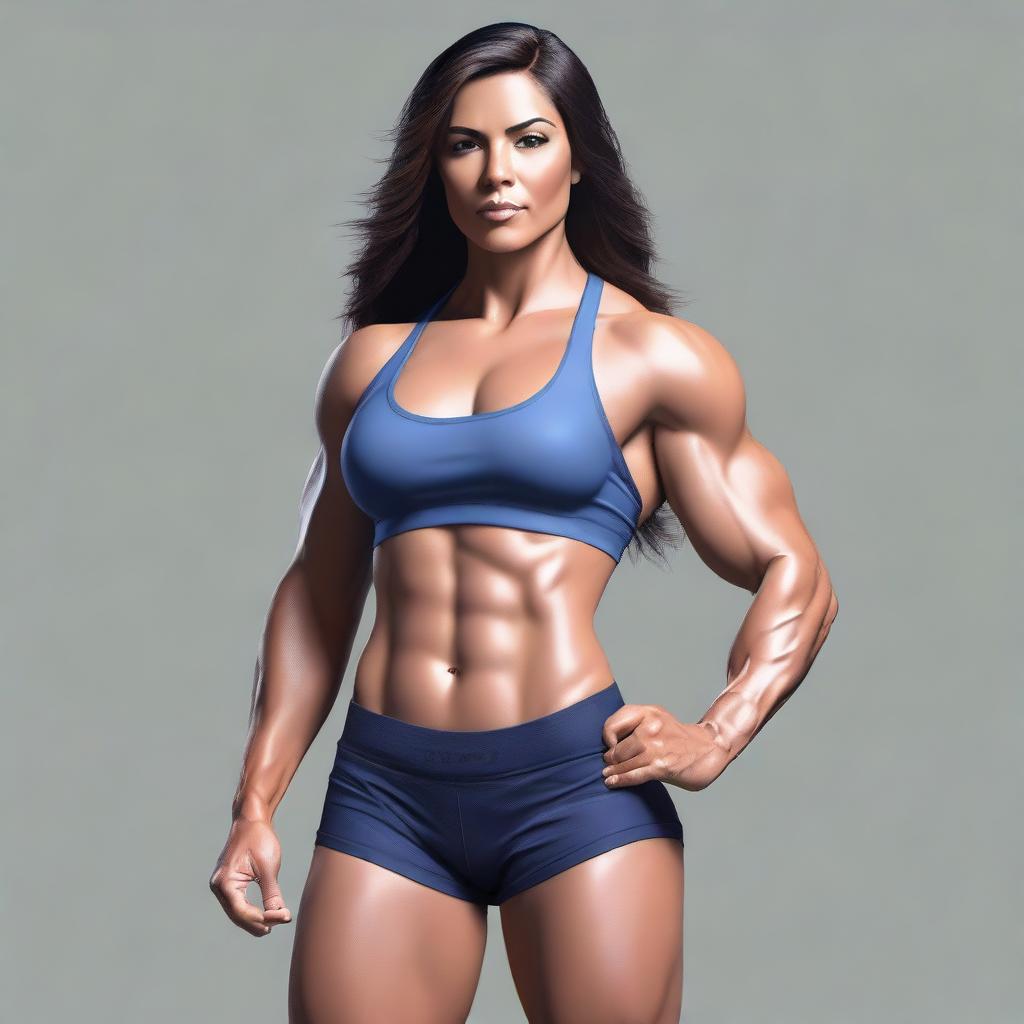 A realistic depiction of a muscular Latina woman with a strong and athletic build