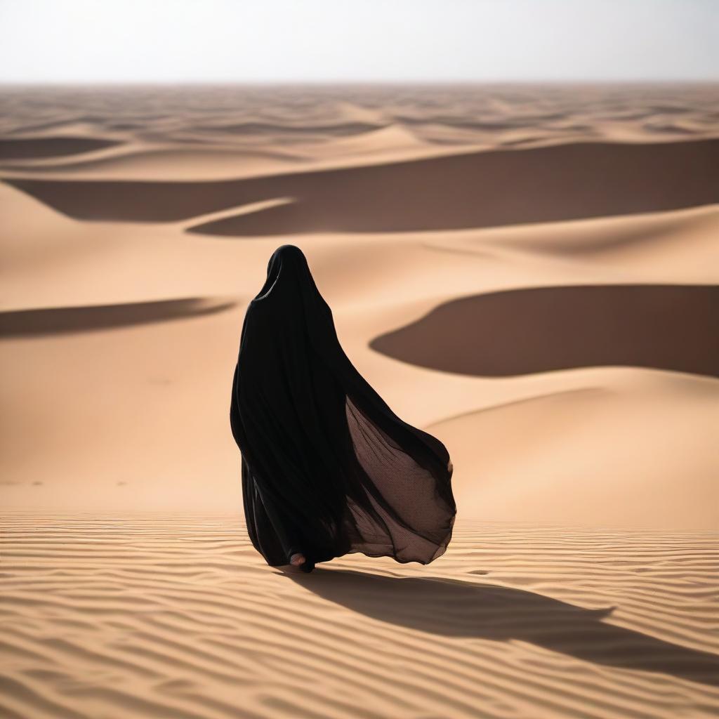 An Arab woman walking in the desert, seen from behind