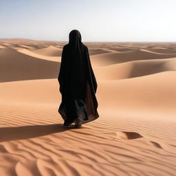 An Arab woman walking in the desert, seen from behind