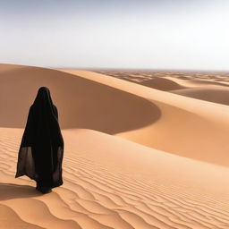 An Arab woman walking in the desert, seen from behind