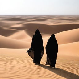 An Arab woman walking in the desert, seen from behind