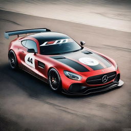 A Mercedes AMG GT modified for the race track, featuring a custom logo that says 'APU' instead of the traditional Mercedes logo