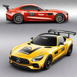 A Mercedes AMG GT modified for the race track, featuring a custom logo that says 'APU' instead of the traditional Mercedes logo