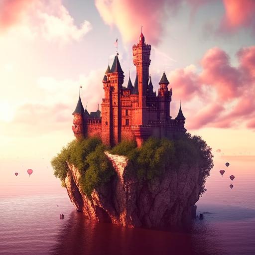 A majestic castle perched on a serene floating island in the midday sky