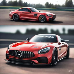 A Mercedes AMG GT modified for the race track, featuring a custom logo that says 'APU' instead of the traditional Mercedes logo