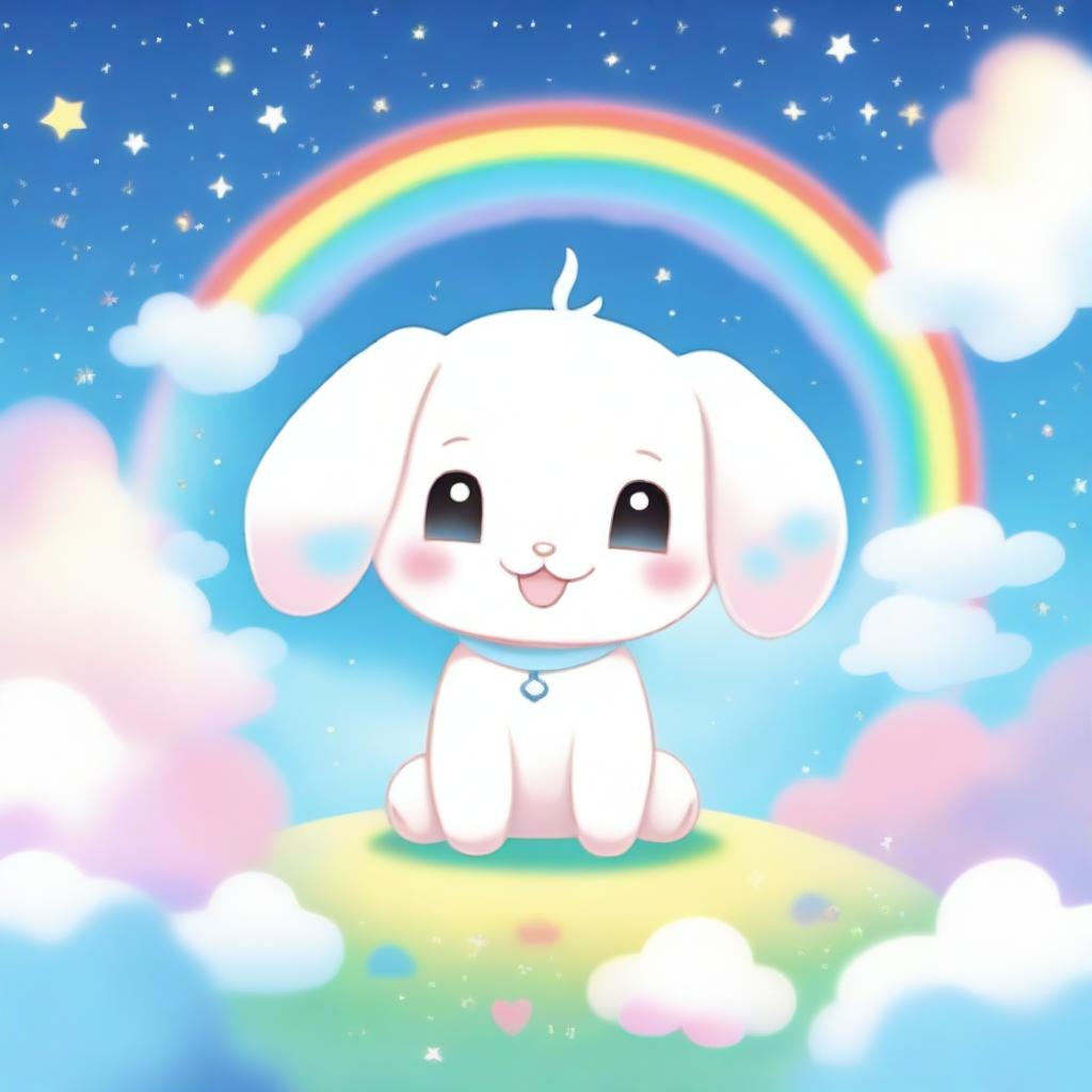 Cinnamoroll, the cute white puppy with long ears, is depicted in a whimsical, pastel-colored background