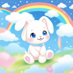 Cinnamoroll, the cute white puppy with long ears, is depicted in a whimsical, pastel-colored background