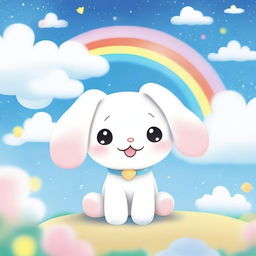 Cinnamoroll, the cute white puppy with long ears, is depicted in a whimsical, pastel-colored background