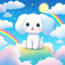 Cinnamoroll, the cute white puppy with long ears, is depicted in a whimsical, pastel-colored background