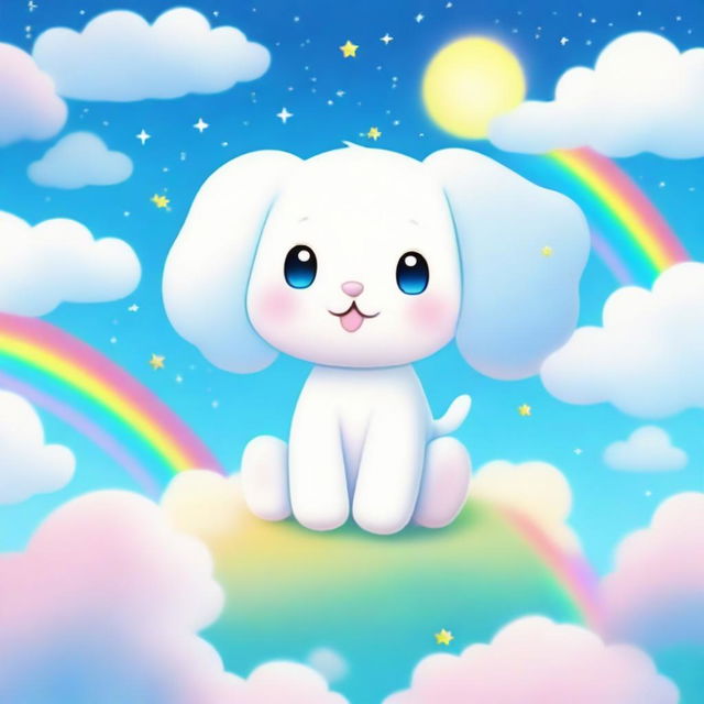 Cinnamoroll, the cute white puppy with long ears, is depicted in a whimsical, pastel-colored background