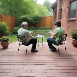 Two individuals, both 42 years old, are sitting on a beautifully built backyard patio with brick floors