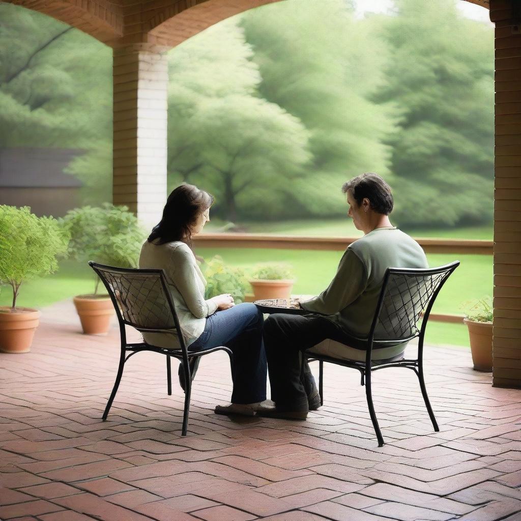 Two individuals, both 42 years old, are sitting on a beautifully built backyard patio with brick floors