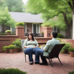 Two individuals, both 42 years old, are sitting on a beautifully built backyard patio with brick floors