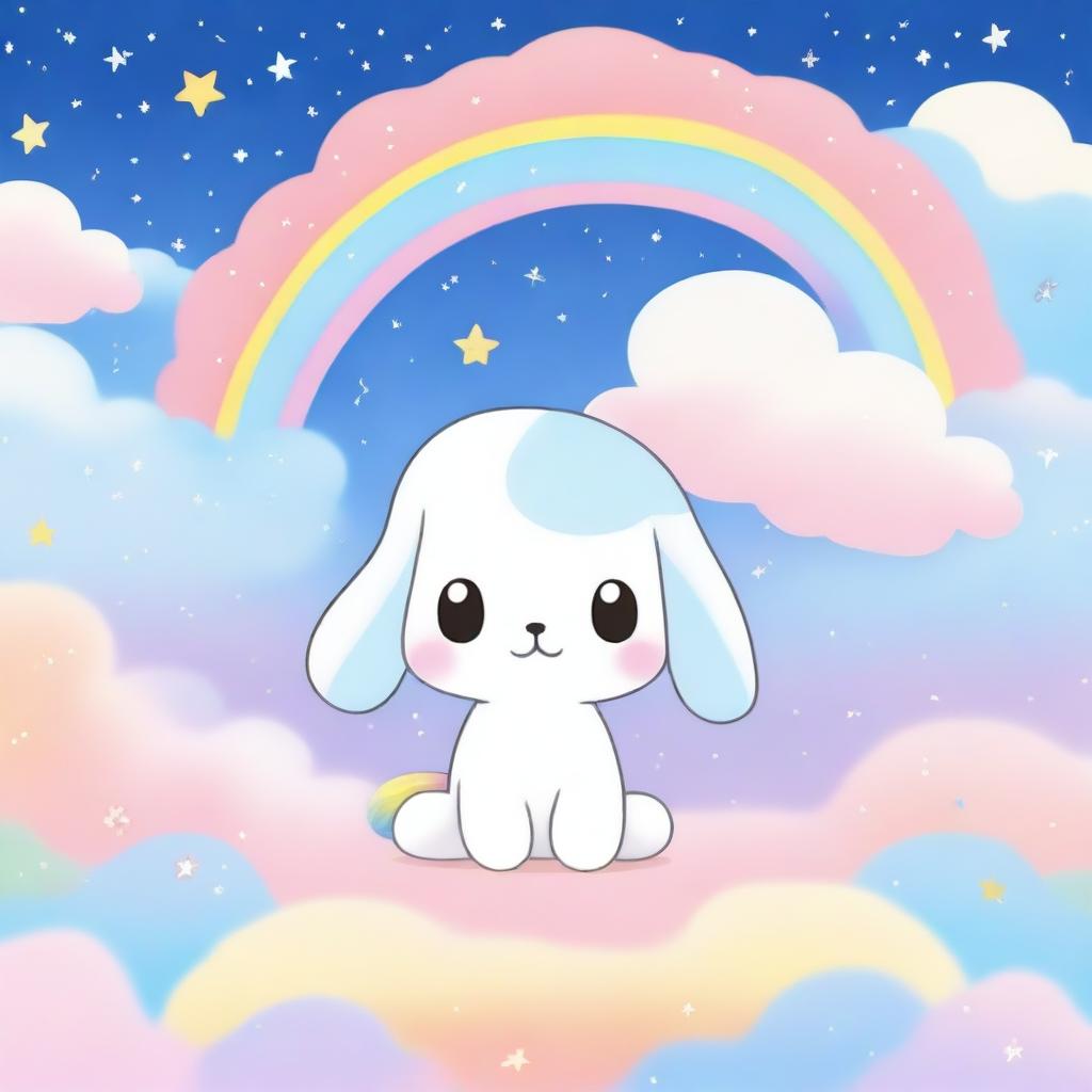 A whimsical background featuring Cinnamoroll with pastel-colored clouds, rainbows, and stars, creating a dreamy and magical atmosphere