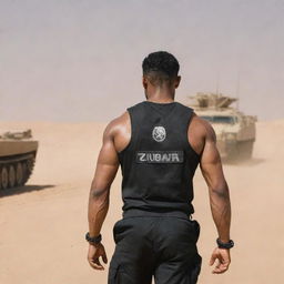 A muscular man, his back to the viewer, wearing a black commando uniform with the name 'Zubair' inscribed on the back, in a desert scene with an Al Khalid tank charging towards him