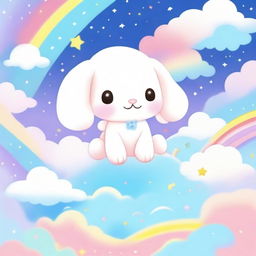 A whimsical background featuring Cinnamoroll with pastel-colored clouds, rainbows, and stars, creating a dreamy and magical atmosphere