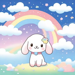 A whimsical background featuring Cinnamoroll with pastel-colored clouds, rainbows, and stars, creating a dreamy and magical atmosphere