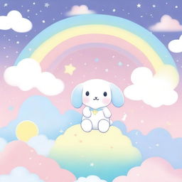 A whimsical background featuring Cinnamoroll with pastel-colored clouds, rainbows, and stars, creating a dreamy and magical atmosphere