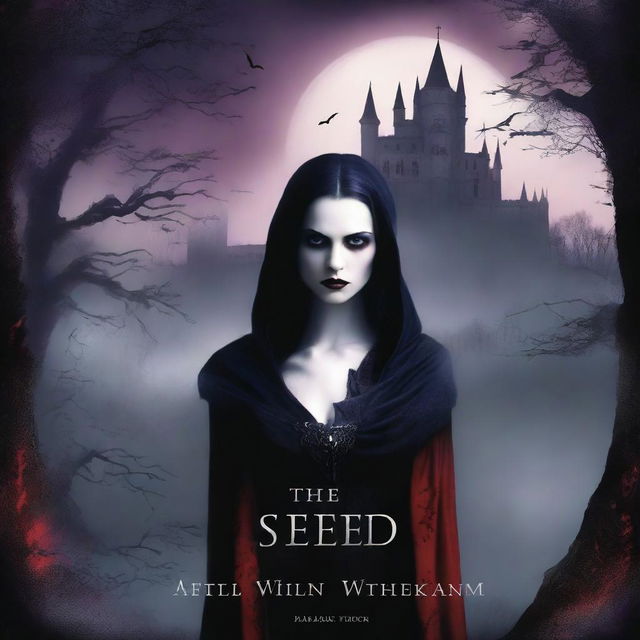 For the book cover of 'The Seed Within,' depict a hauntingly beautiful vampire in the foreground, her eyes conveying both allure and torment