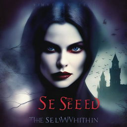 For the book cover of 'The Seed Within,' depict a hauntingly beautiful vampire in the foreground, her eyes conveying both allure and torment