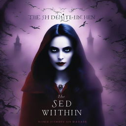 For the book cover of 'The Seed Within,' depict a hauntingly beautiful vampire in the foreground, her eyes conveying both allure and torment