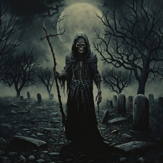 A dark scene with Death, depicted as a hooded skeletal figure with a scythe, smiling sinisterly in a desolate landscape with barren trees, mist, and an eerie ambiance