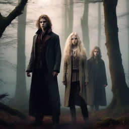 A young woman hunter with curly blonde hair stands next to a young vampire with straight long blonde hair