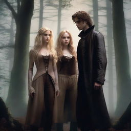 A young woman hunter with curly blonde hair stands next to a young vampire with straight long blonde hair