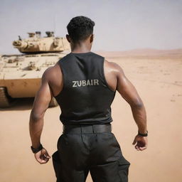 A muscular man, his back to the viewer, wearing a black commando uniform with the name 'Zubair' inscribed on the back, in a desert scene with an Al Khalid tank charging towards him