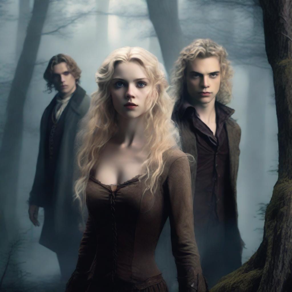 A young woman hunter with curly blonde hair stands next to a young vampire with straight long blonde hair