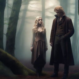 A young woman hunter with curly blonde hair stands next to a young vampire with straight long blonde hair