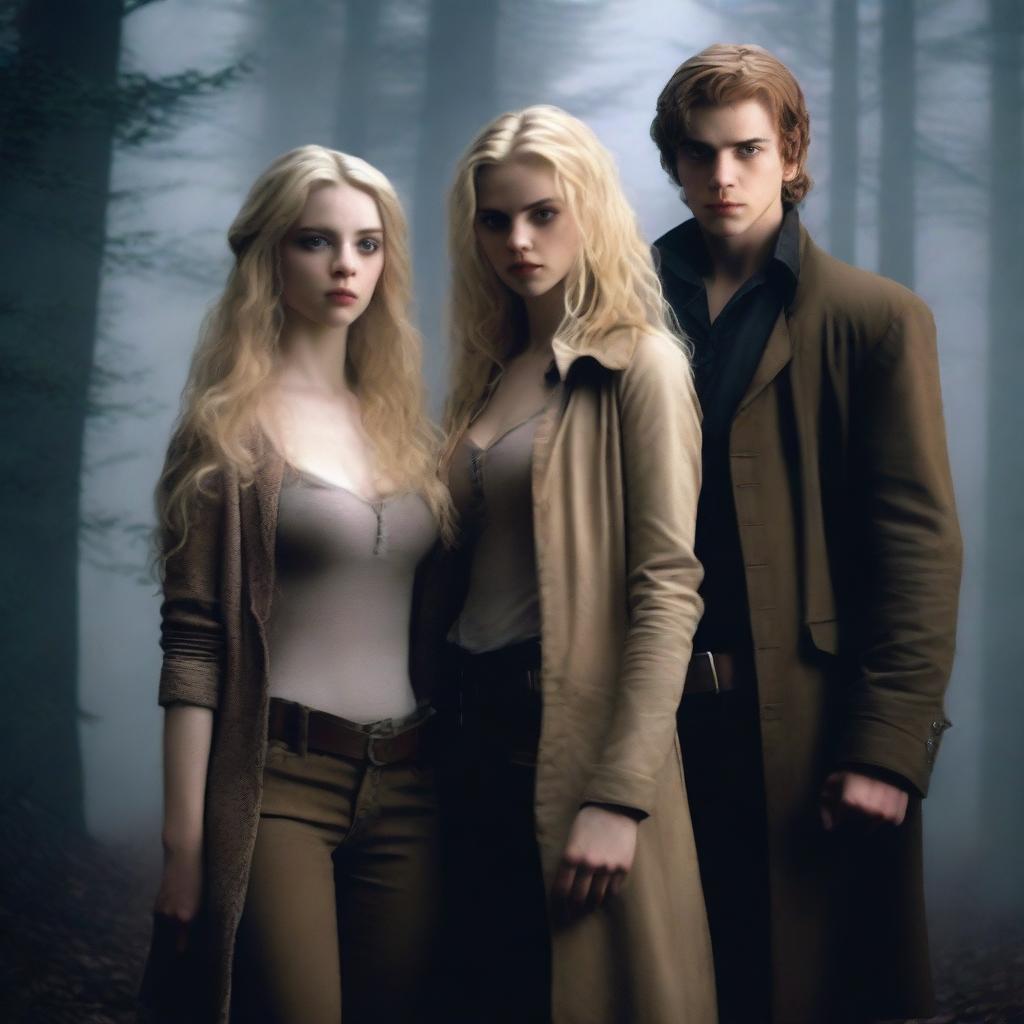 In a modern-day setting, a young woman hunter with curly blonde hair stands next to a young vampire with straight long blonde hair