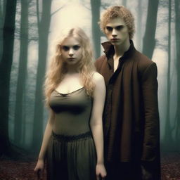 In a modern-day setting, a young woman hunter with curly blonde hair stands next to a young vampire with straight long blonde hair