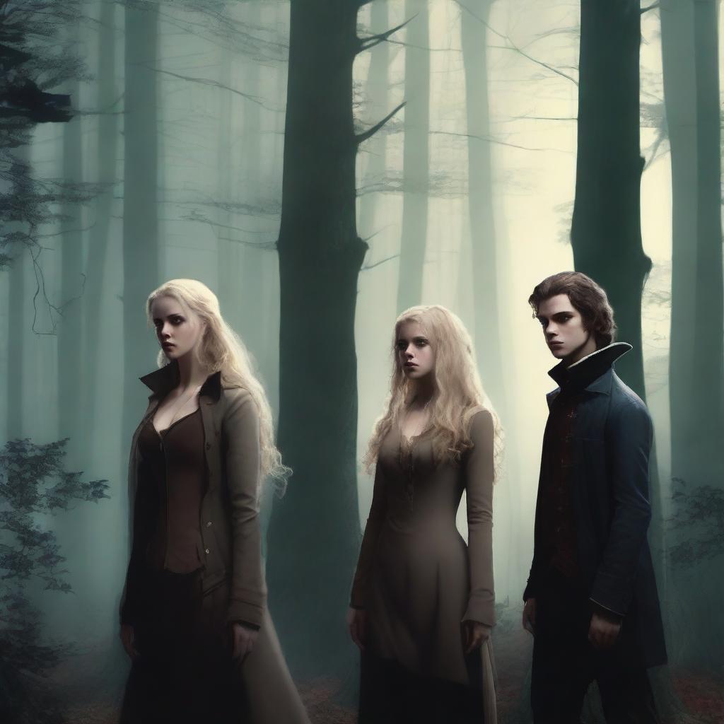 In a modern-day setting, a young woman hunter with curly blonde hair stands next to a young vampire with straight long blonde hair