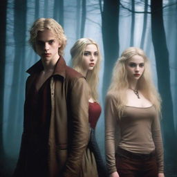 In a modern-day setting, a young woman hunter with curly blonde hair stands next to a young vampire with straight long blonde hair