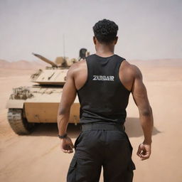 A muscular man, his back to the viewer, wearing a black commando uniform with the name 'Zubair' inscribed on the back, in a desert scene with an Al Khalid tank charging towards him