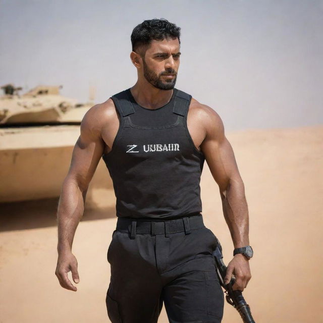 A muscular man, his back to the viewer, wearing a black commando uniform with the name 'Zubair' inscribed on the back, in a desert scene with an Al Khalid tank charging towards him