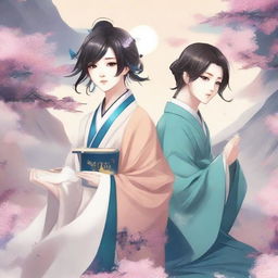 Create a beautiful book cover design in anime art style that blends elements of Taoist immortals and modern K-pop idols