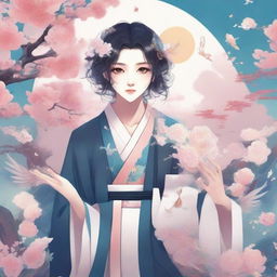 Create a beautiful book cover design in anime art style that blends elements of Taoist immortals and modern K-pop idols