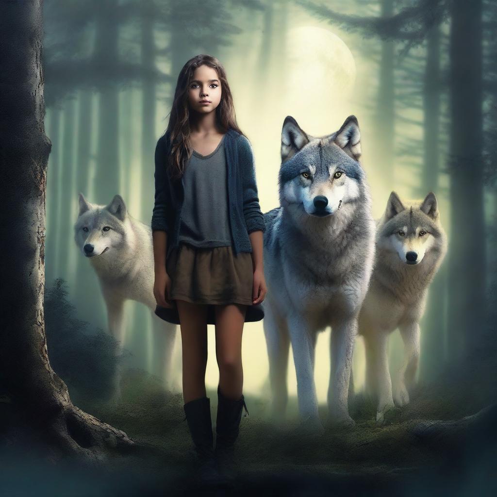 Create a book cover featuring a wolf pack in a dense forest with a girl standing confidently among them