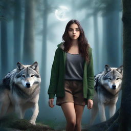 Create a book cover featuring a wolf pack in a dense forest with a girl standing confidently among them