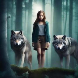 Create a book cover featuring a wolf pack in a dense forest with a girl standing confidently among them