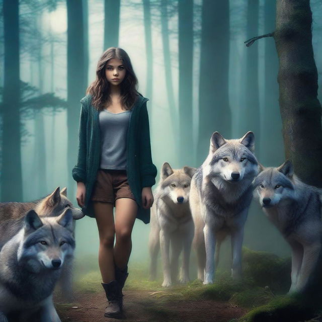 Create a book cover featuring a wolf pack in a dense forest with a girl standing confidently among them