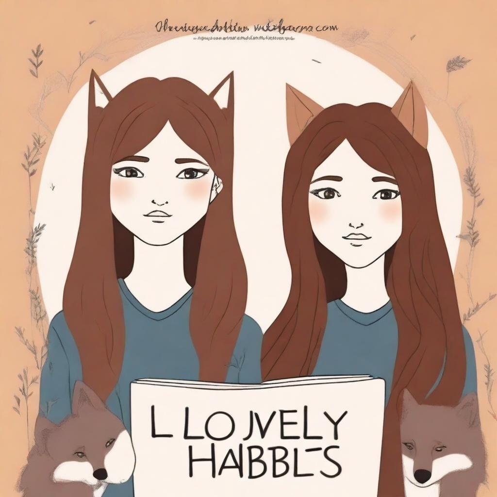 Design a book cover titled 'Lovely Habits' featuring a close-up of two girls with brown hair and a lone wolf in the middle